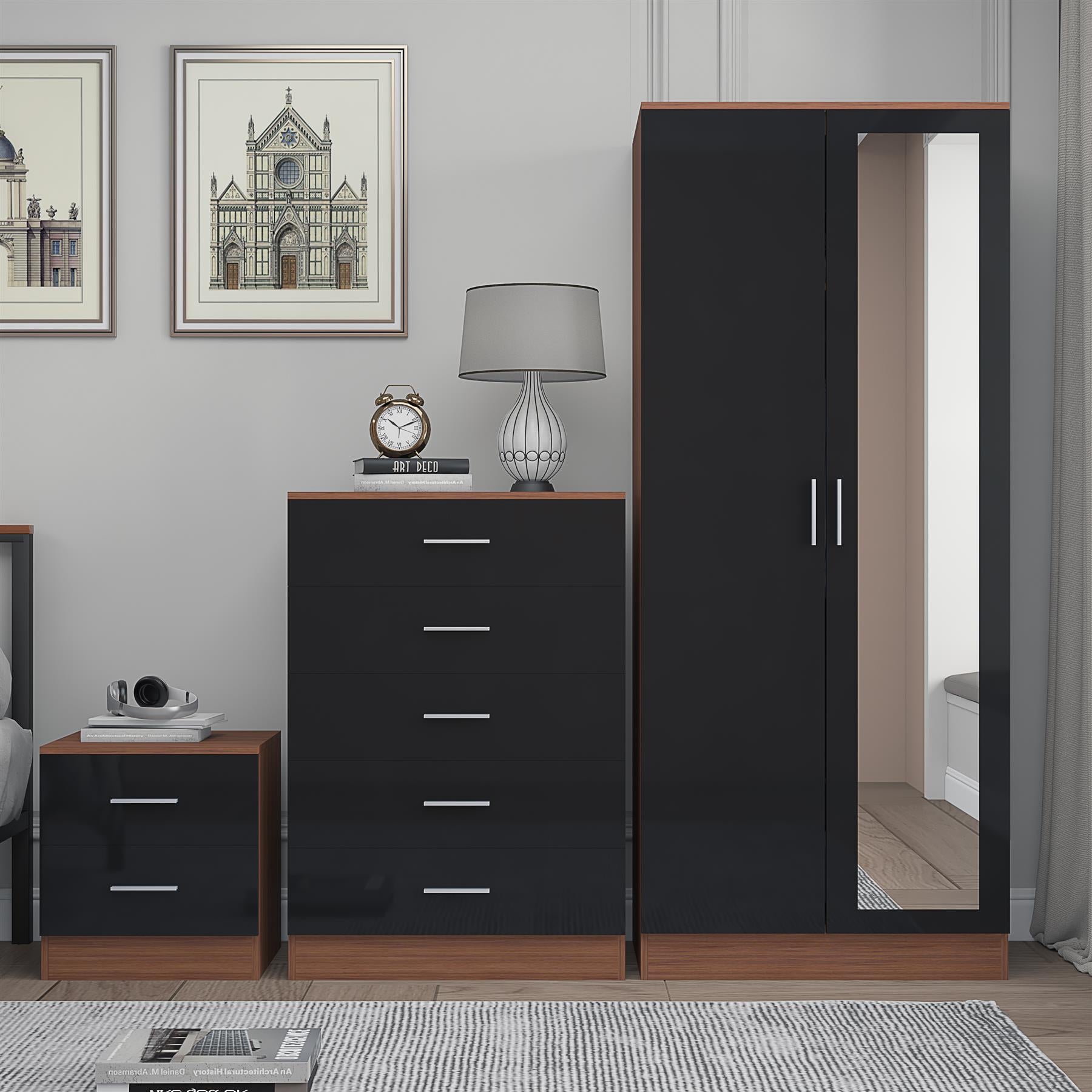 Reflect 2 Door Mirror Wardrobe, 5 Drawer Chest, 2 Drawer Bedside - Black Gloss & Walnut - Modern Bedroom Furniture Set