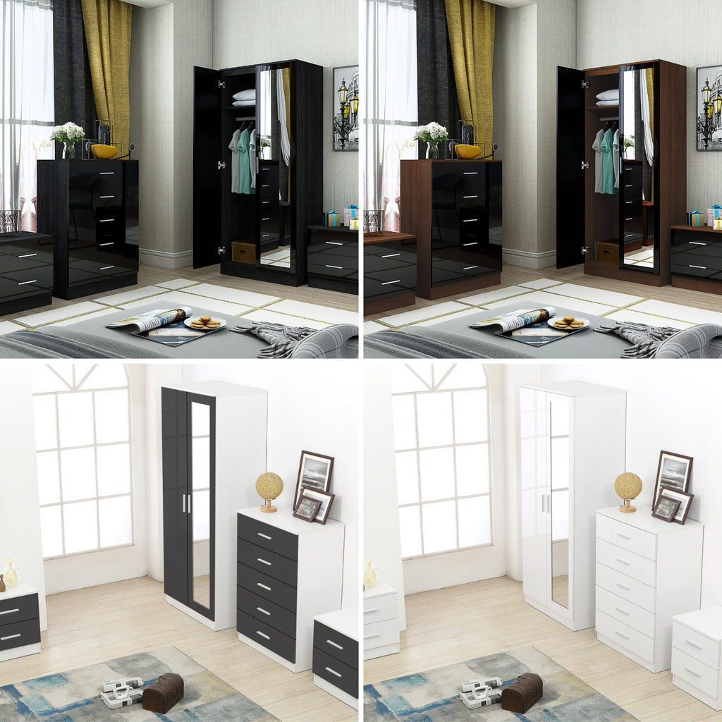 REFLECT Gloss 4pc Set - 2 Door Mirrored Wardrobe + 5 Draw Chest + 2 Bedsides