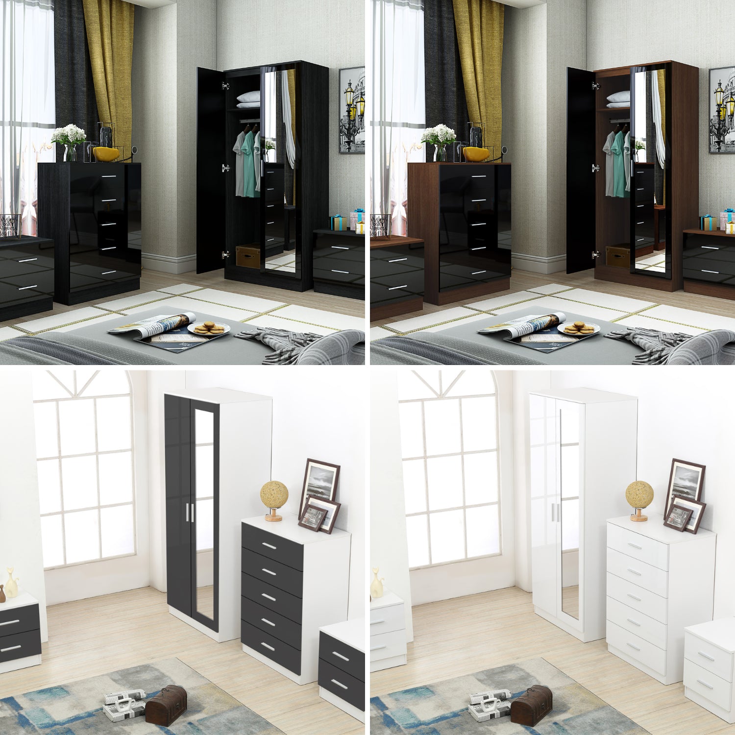 REFLECT Gloss 4pc Set - 2 Door Mirrored Wardrobe + 5 Draw Chest + 2 Bedsides
