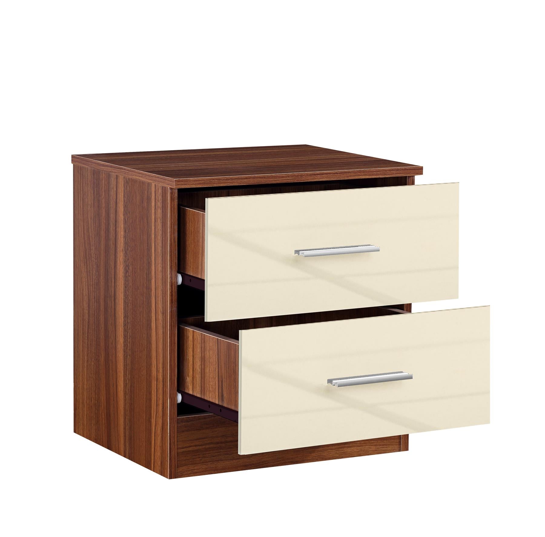 Reflect 2 Drawer Bedside - Cream Gloss & Walnut - Modern Nightstand for Bedroom Storage - H: 48.5cm x W: 45cm x D: 39.5cm