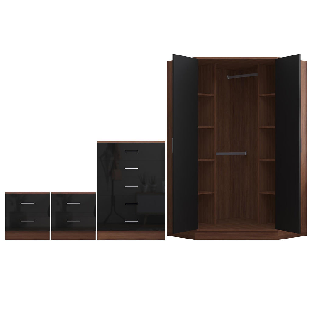 Reflect 2 Door Corner Wardrobe, 5 Drawer Chest, 2x 2 Drawer Bedsides - Black Gloss & Walnut - Bedroom Furniture Set