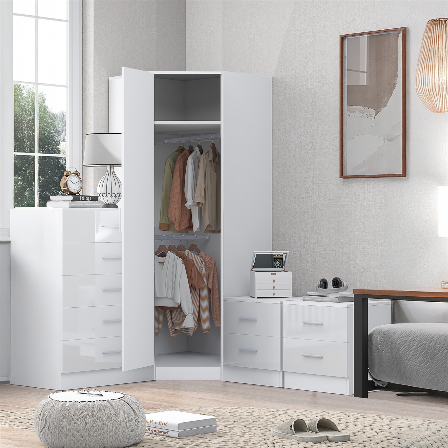 REFLECT 1dr Corner Bedroom Furniture Bundles Chest, Bedsides, Desks - 4 Colours