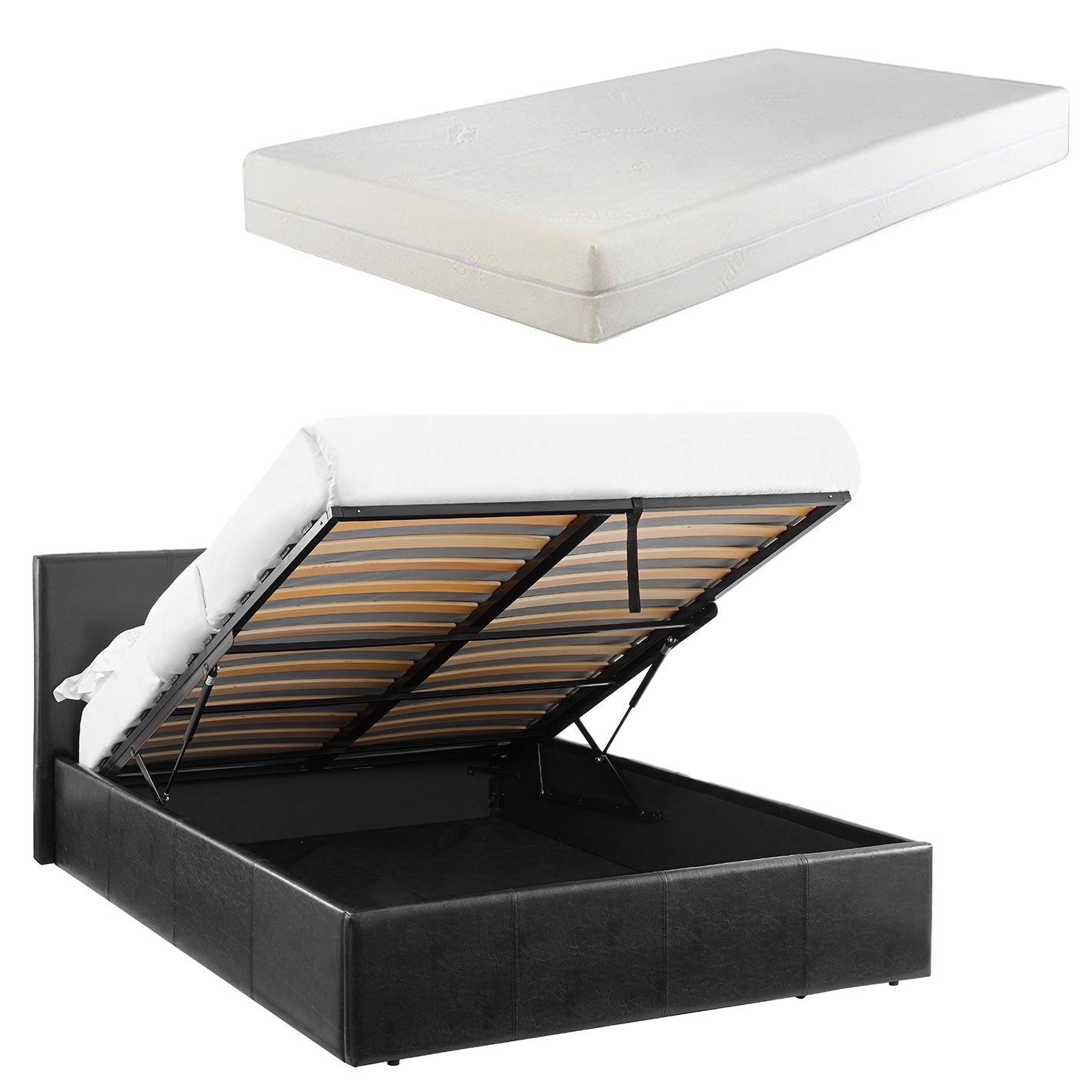 LUNA 4FT Small Double Black Ottoman Storage Bed with Gas Lift & 15cm Thick Memory Foam Mattress - L: 203cm x W: 138cm x H: 88.5cm