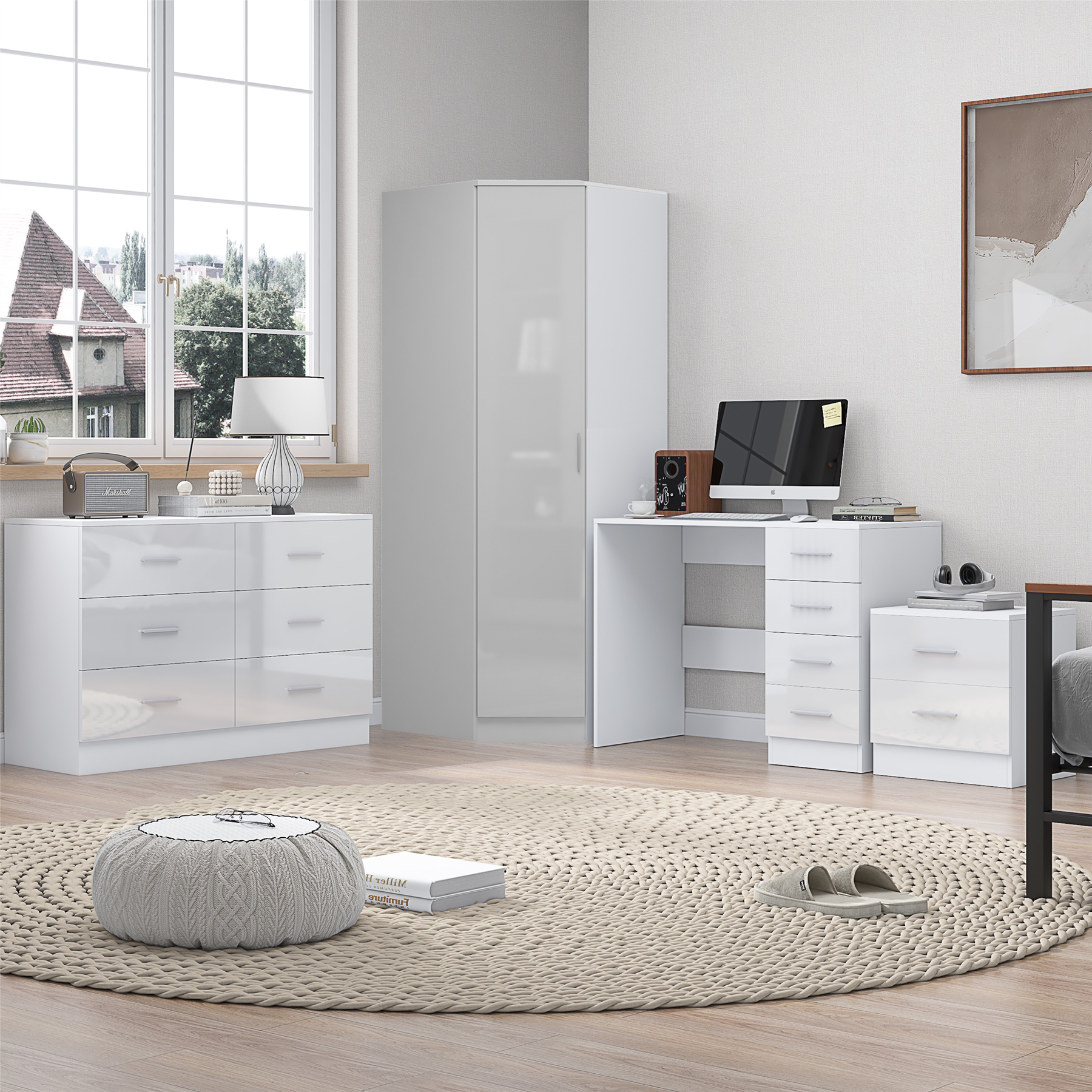 REFLECT - 1 Door Corner + 6 Drawer Chest + 2 Drawer Bedside + 4 Drawer Desk in Gloss White / Matt White