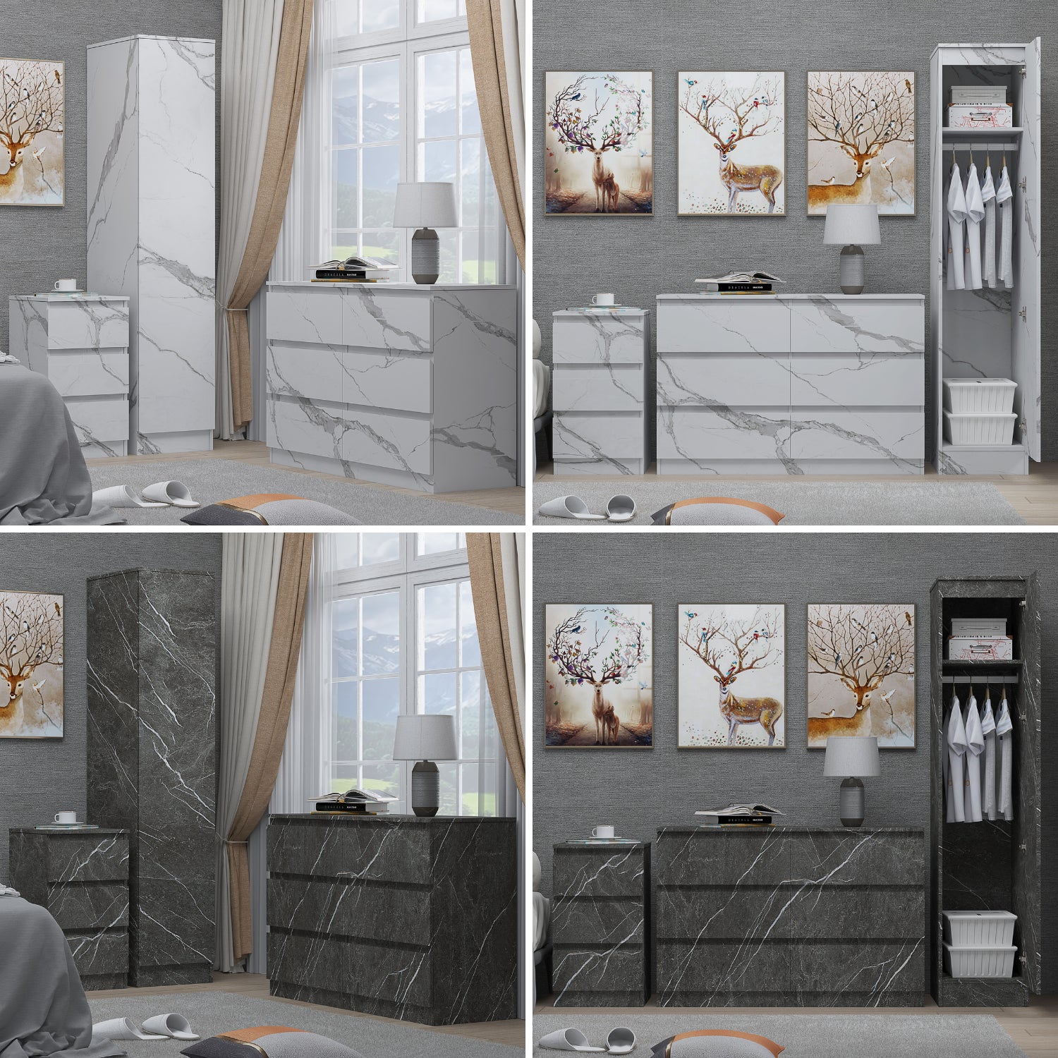 ZITA 3pc Set - 1 Door Wardrobe + Wide Chest + Bedside in White OR Grey Marble
