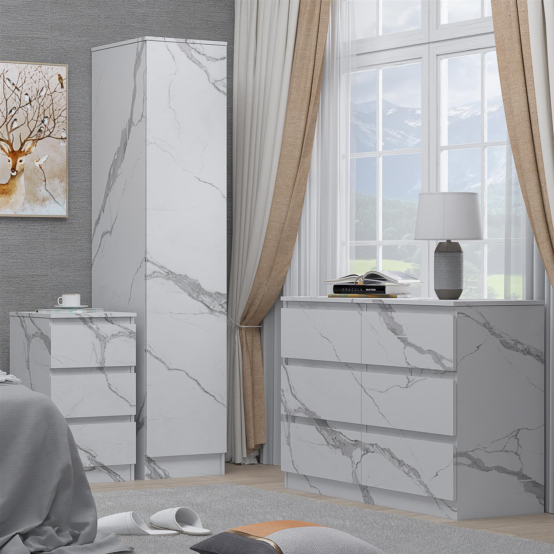 ZITA 3pc Set - 1 Door Wardrobe + Wide Chest + Bedside in White OR Grey Marble
