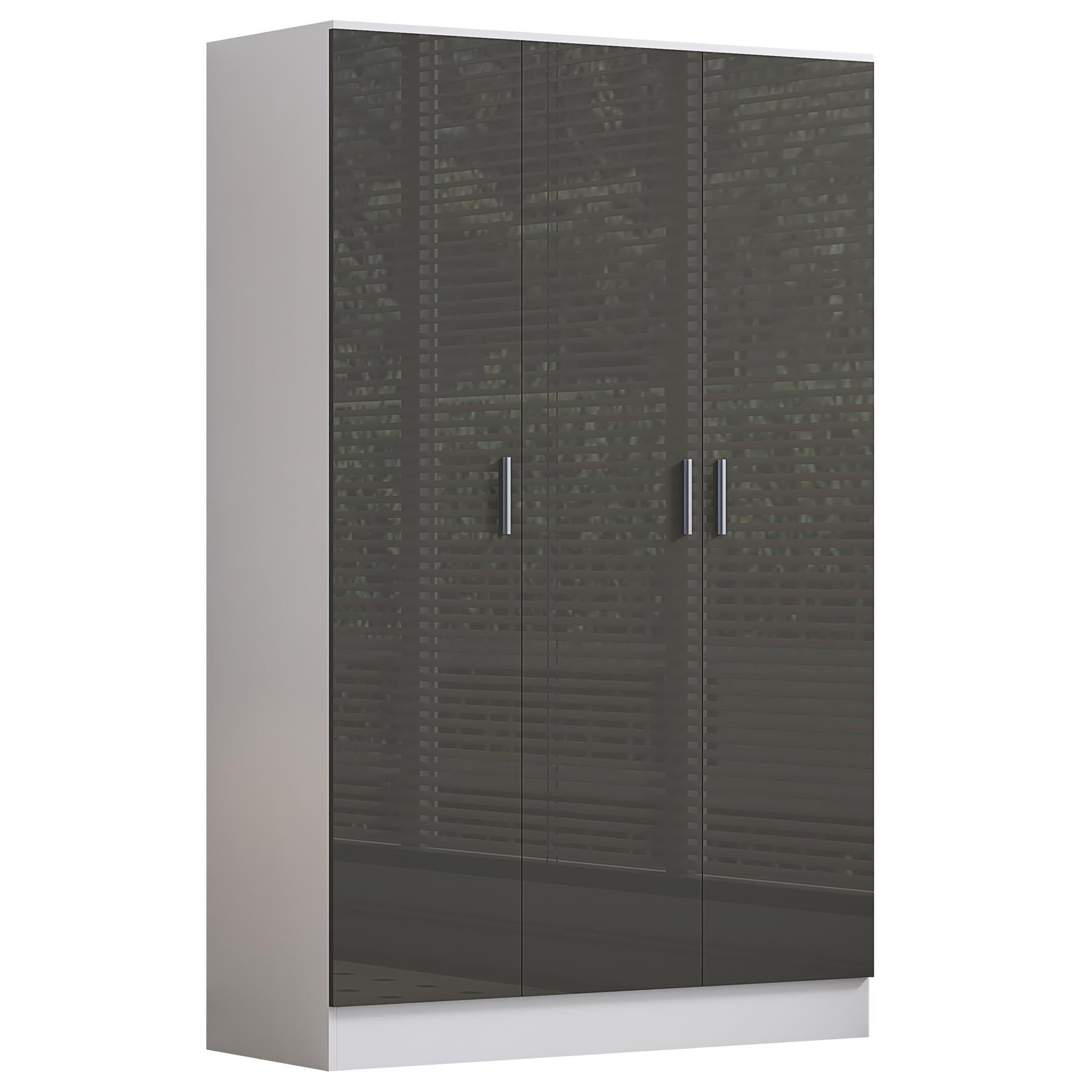 Reflect 3 Door Plain Wardrobe, 5 Drawer Chest, 2 Drawer Bedside - Grey Gloss & Matt White - Modern Bedroom Furniture Set