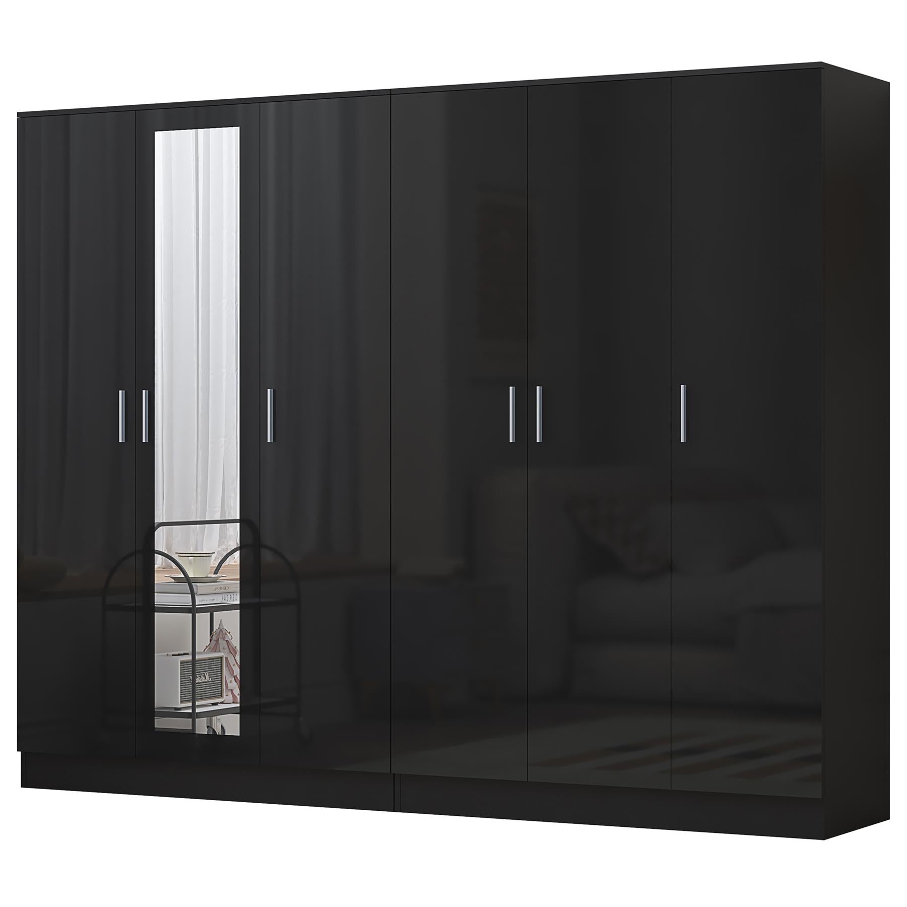 REFLECT - 3 Door MIRROR + 3 Door PLAIN Wardrobe - Gloss Black / Matt Black