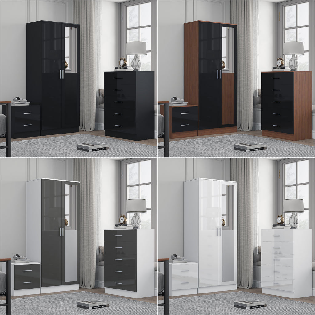 REFLECT Gloss 3pc Set - 2 Door Mirrored Wardrobe + 5 Draw Chest + Bedside