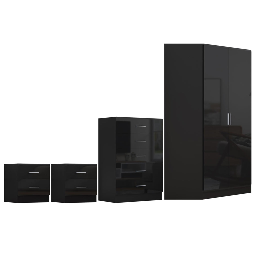 Reflect 2 Door Corner Wardrobe, 5 Drawer Chest, 2x 2 Drawer Bedsides - Black Gloss & Black Oak - Bedroom Furniture Set