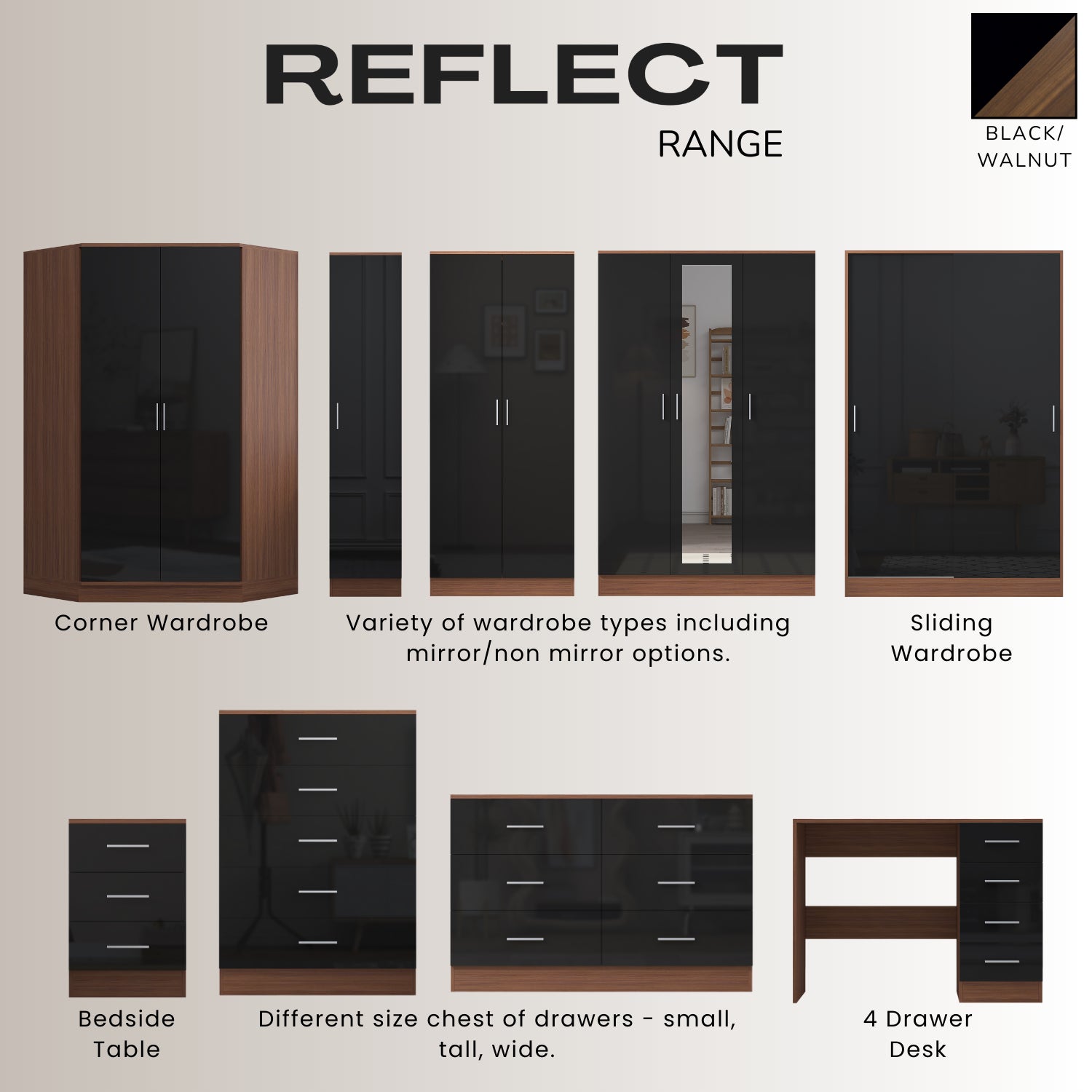 REFLECT High Gloss Bedroom Furniture Wardrobe Chest Bedside Desk - Black/Walnut