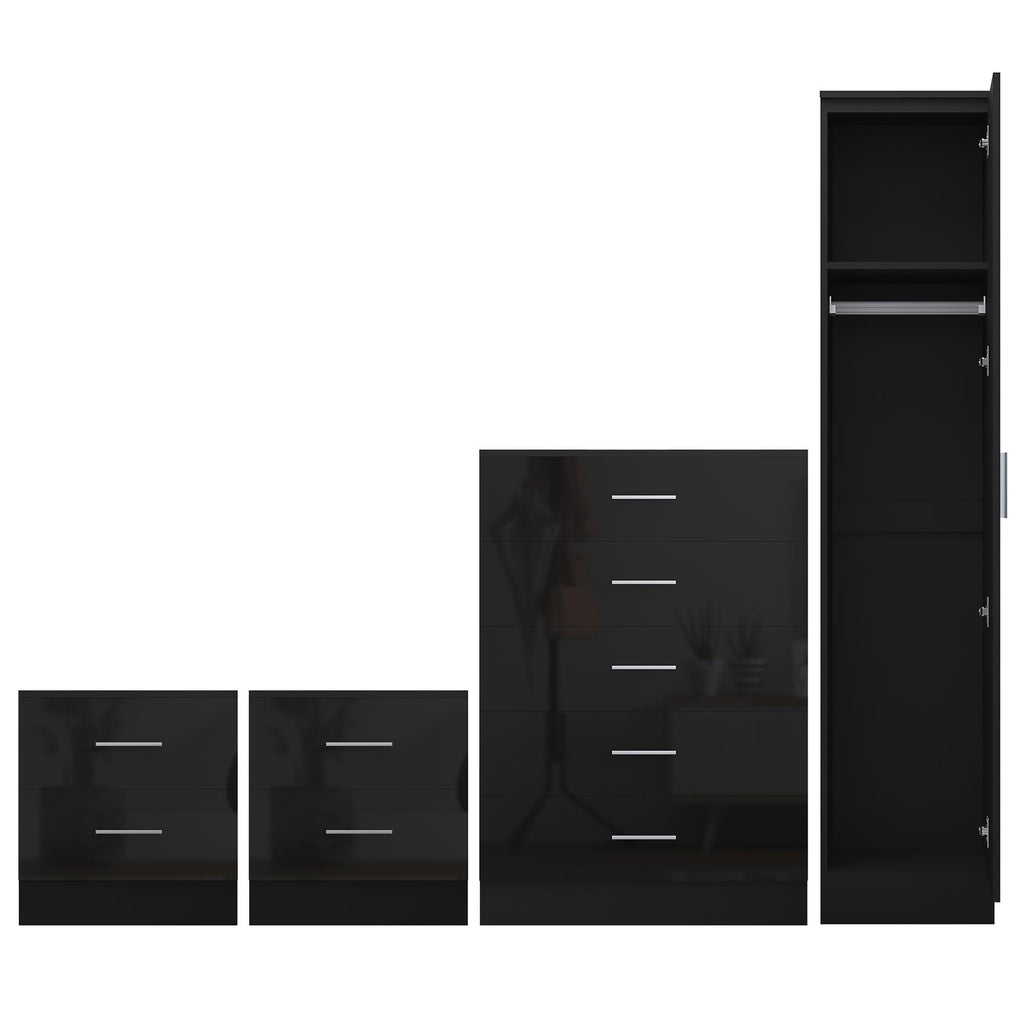 Reflect 1 Door Plain Wardrobe, 5 Drawer Chest, 2x 2 Drawer Bedsides - Black Gloss & Black Oak - Modern Bedroom Furniture Set