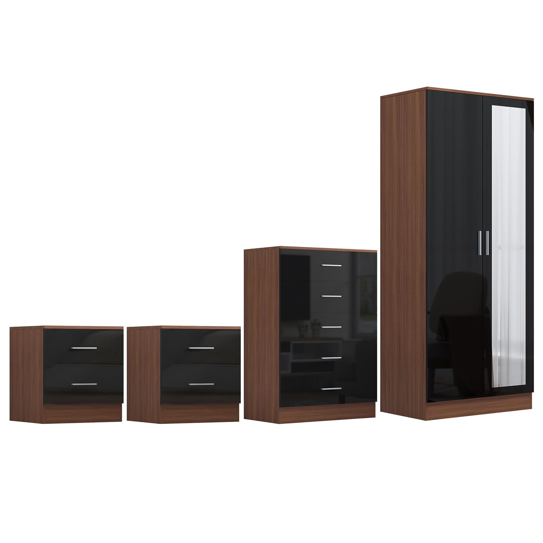 Reflect 2 Door Mirror Wardrobe, 5 Drawer Chest, 2x 2 Drawer Bedsides - Black Gloss & Walnut - Modern Bedroom Furniture Set