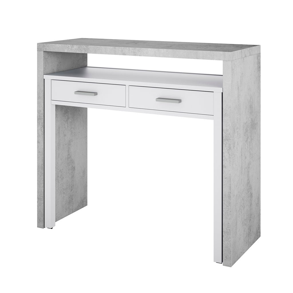 AMBRA Extending Computer Desk with 2 Storage Drawers - Home Office & Console Table for Bedroom, Living Room, Hallway - White/Grey.