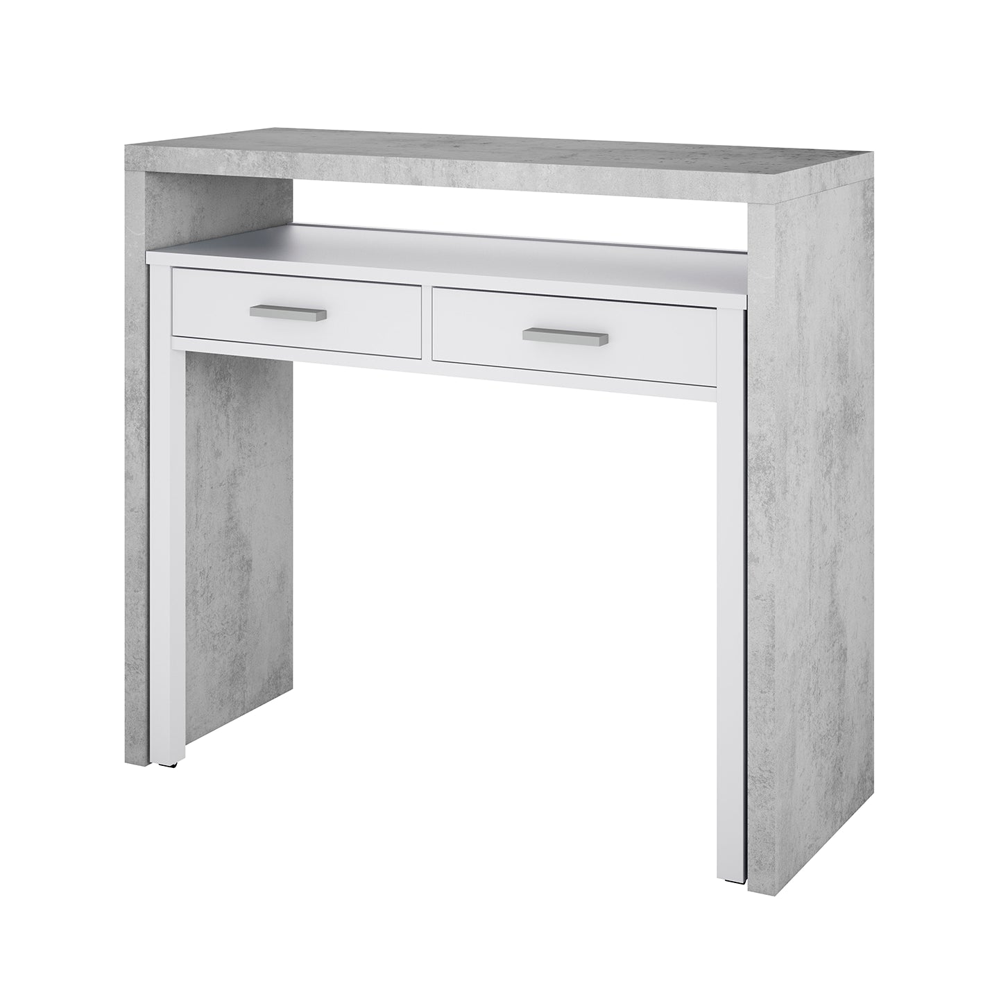 AMBRA Extending Computer Desk with 2 Storage Drawers - Home Office & Console Table for Bedroom, Living Room, Hallway - White/Grey.