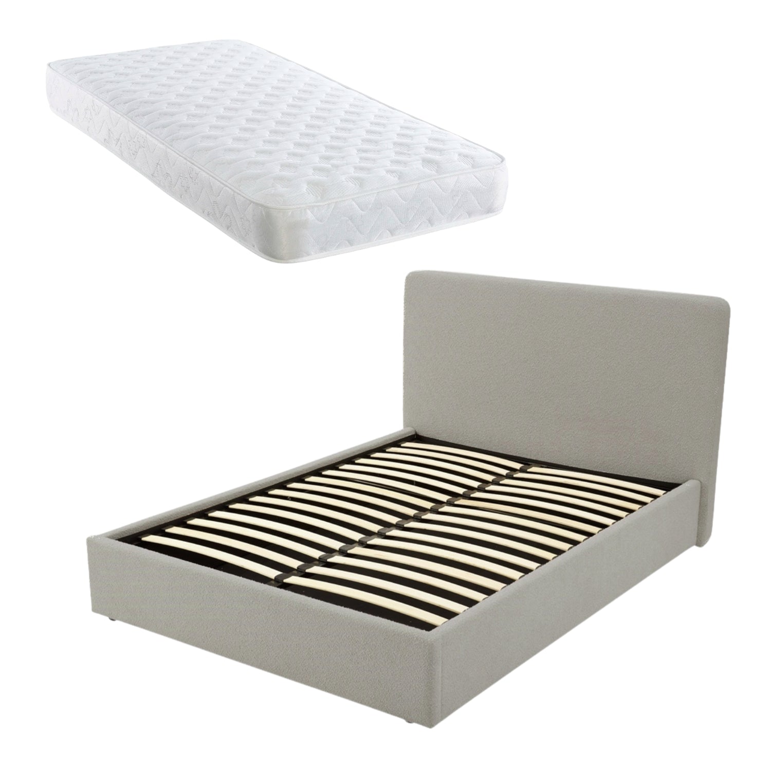 TEDDY BOUCLE 4FT6 Double Grey Ottoman Storage Bed Gas Lift Up - (L) 210cm x (W) 155cm (H) 113cm with Bonnell Spring Mattress