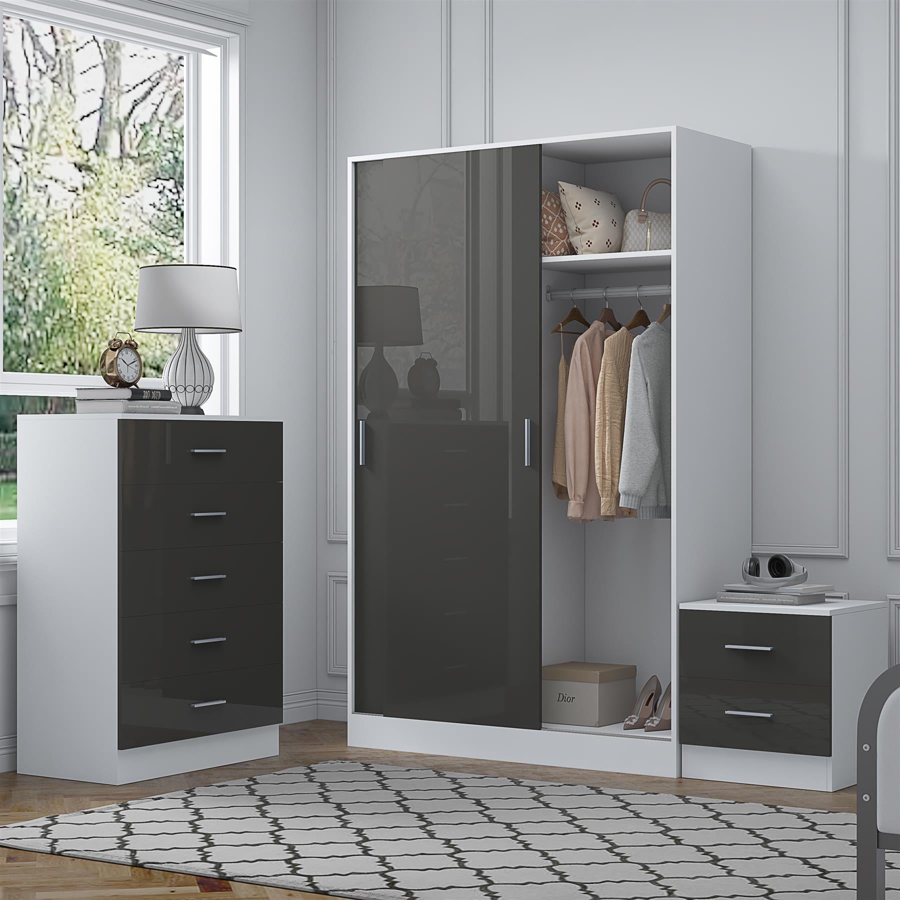 Reflect 2 Door Sliding Wardrobe, 5 Drawer Chest, 2 Drawer Bedside - Grey Gloss & Matt White - Modern Bedroom Furniture Set