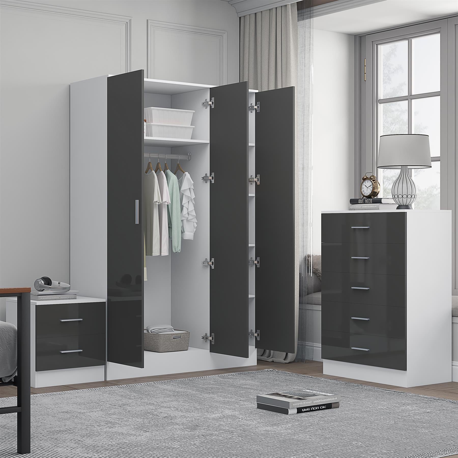 REFLECT Gloss 3pc Set - 3 Door Mirrored Wardrobe + 5 Draw Chest + Bedside
