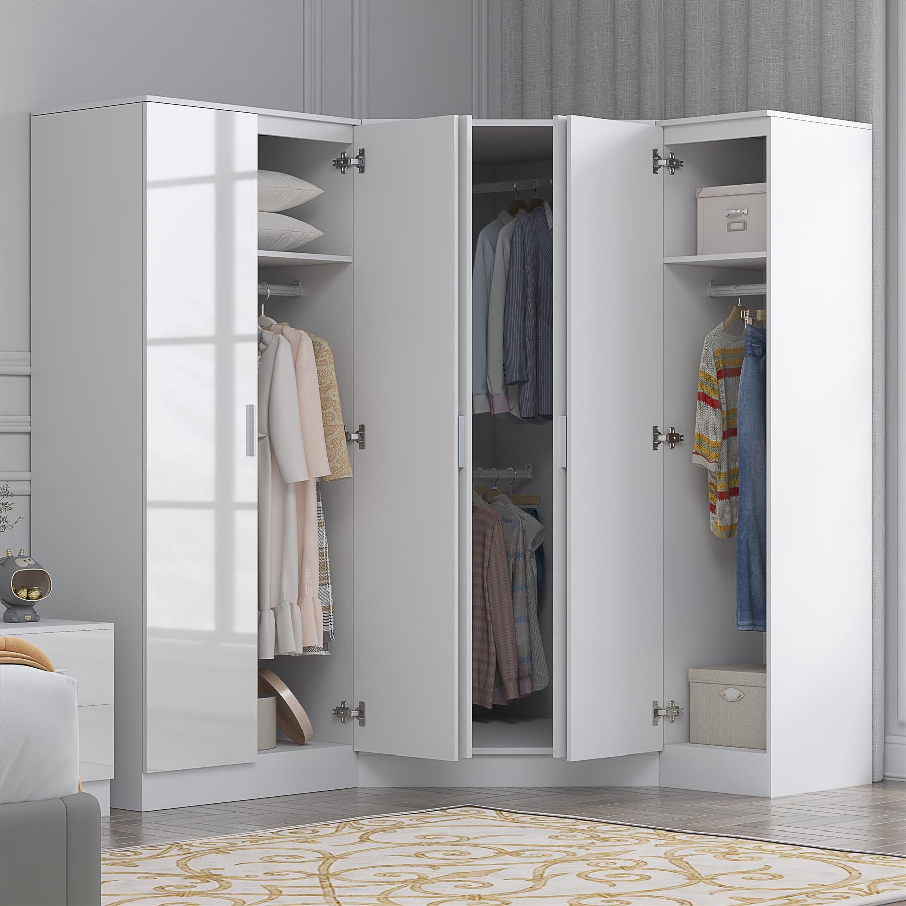 Reflect 3pc Wardrobe Bundle - 2 Door Corner + 2 Door Plain + 1 Door Plain - White Gloss & Matt White