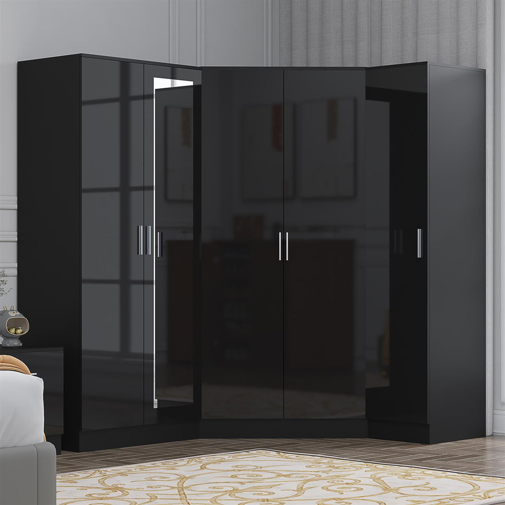 Reflect 3pc Wardrobe Bundle - 2 Door Corner + 2 Door Mirror + 1 Door Plain - Black Gloss & Black Oak