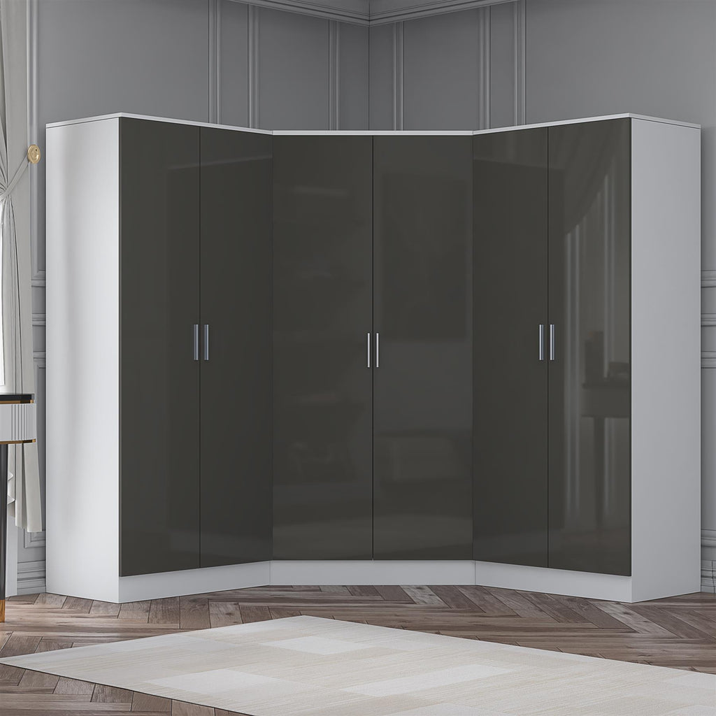 Reflect 3pc Wardrobe Bundle - 2 Door Corner + 2x 2 Door Plain - Grey Gloss & Matt White