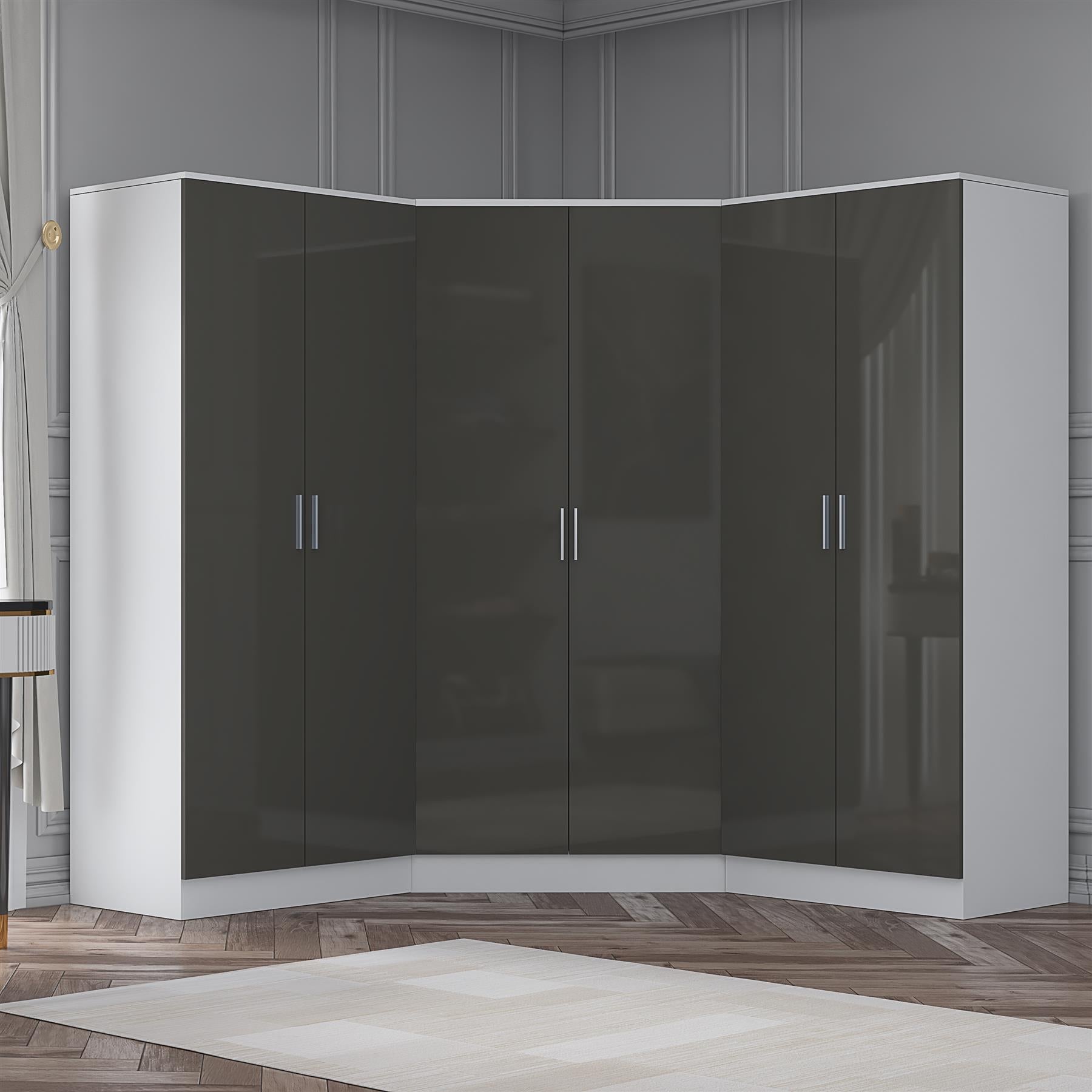 Reflect 3pc Wardrobe Bundle - 2 Door Corner + 2x 2 Door Plain - Grey Gloss & Matt White