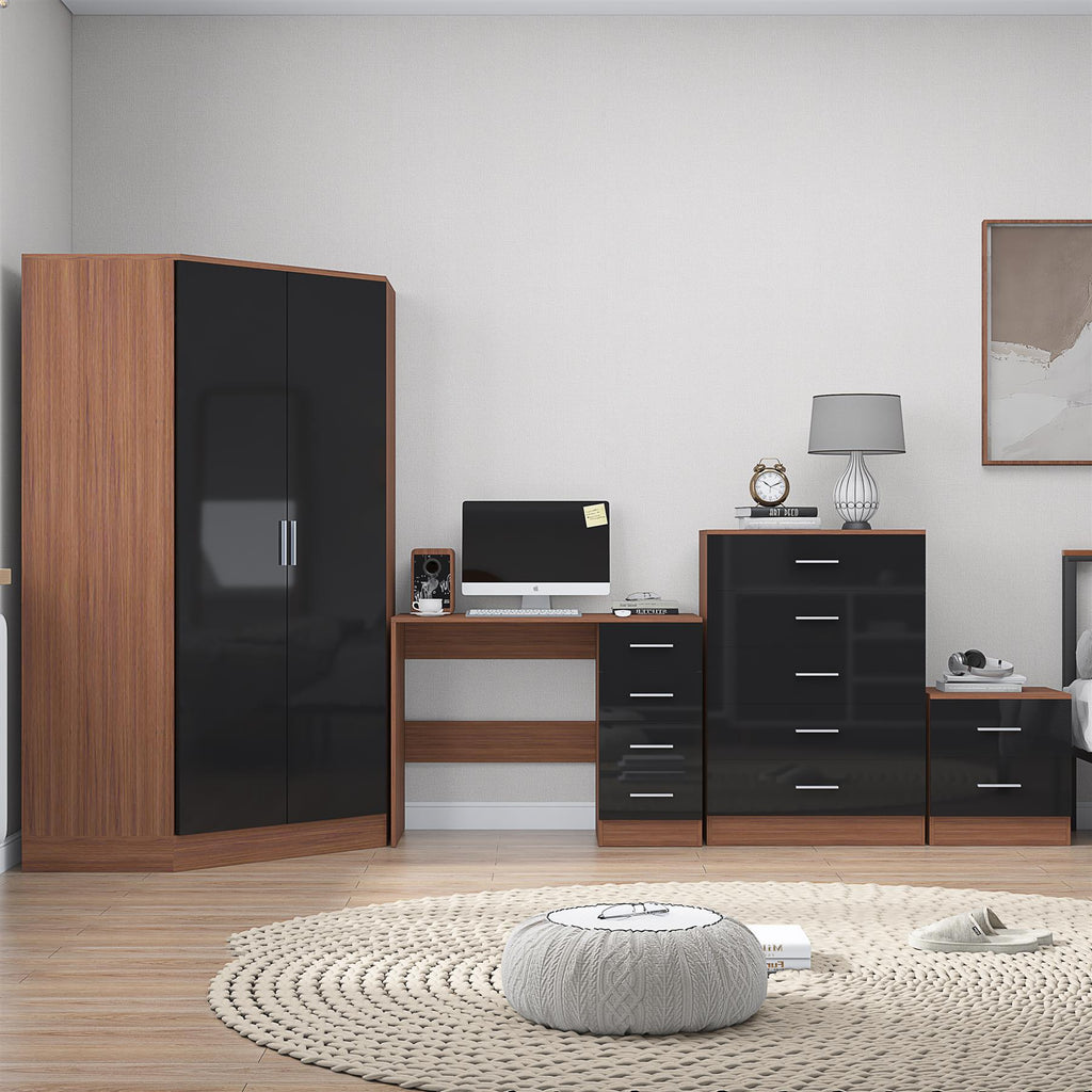 Reflect 2 Door Corner Wardrobe, 5 Drawer Chest, 2 Drawer Bedside & Desk - Black Gloss & Walnut - Bedroom Furniture Set