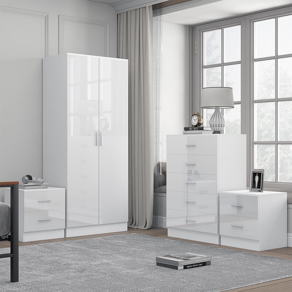 Reflect 2 Door Plain Wardrobe, 5 Drawer Chest, 2x 2 Drawer Bedsides - White Gloss & Matt White - Modern Bedroom Furniture Set