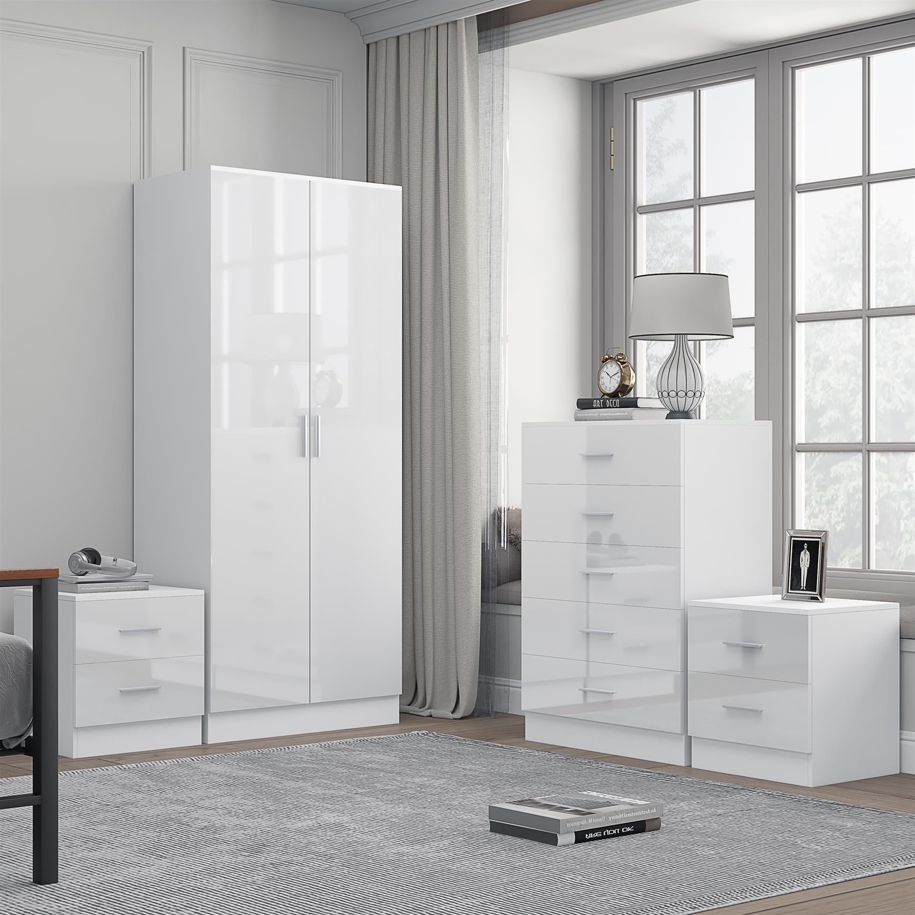 Reflect 2 Door Plain Wardrobe, 5 Drawer Chest, 2x 2 Drawer Bedsides - White Gloss & Matt White - Modern Bedroom Furniture Set