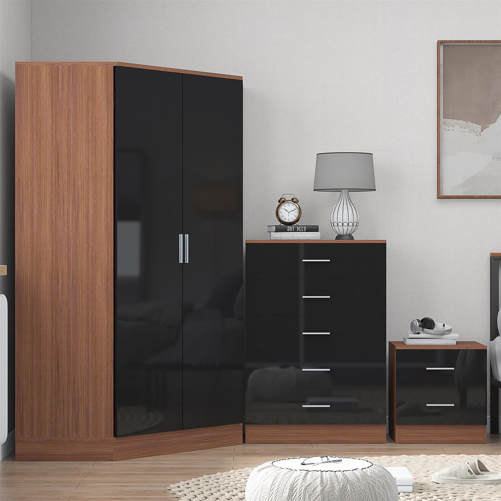 Reflect 2 Door Corner Wardrobe, 5 Drawer Chest, 2 Drawer Bedside - Black Gloss & Walnut - Bedroom Furniture Set
