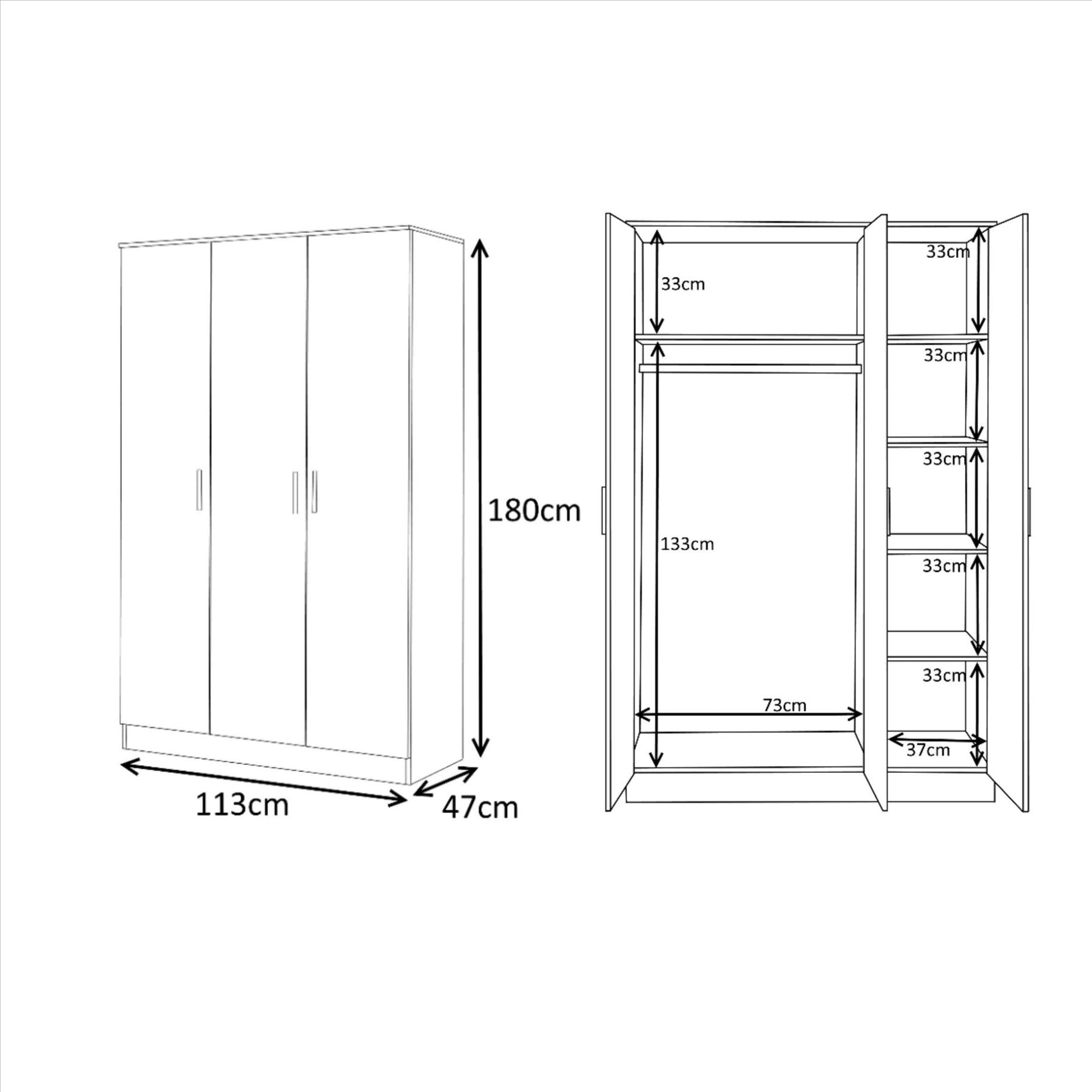 REFLECT Gloss 4pc Bedroom Set - 3 Door Wardrobe + 5 Draw Chest + 2 Bedsides