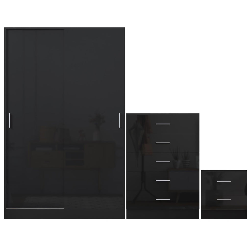 Reflect 2 Door Sliding Wardrobe, 5 Drawer Chest, 2 Drawer Bedside - Black Gloss & Black Oak - Modern Bedroom Furniture Set