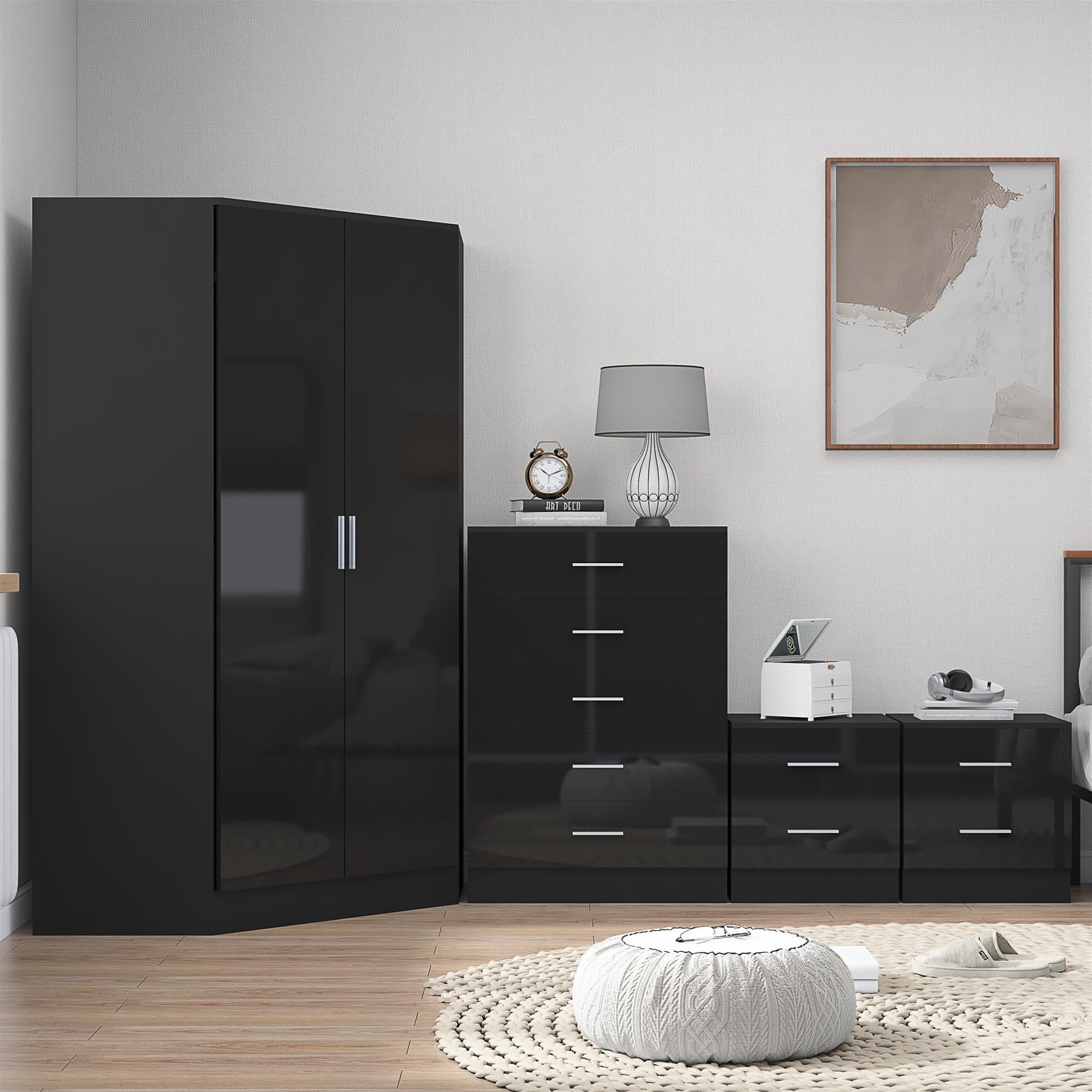 REFLECT Gloss 4pc Set - 2 Door Corner Wardrobe + 5 Draw Chest + 2 Bedsides