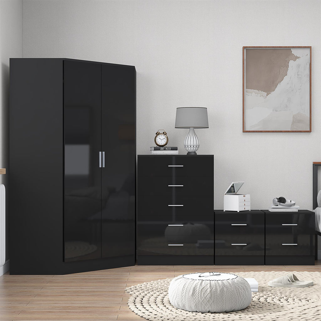 Reflect 2 Door Corner Wardrobe, 5 Drawer Chest, 2x 2 Drawer Bedsides - Black Gloss & Black Oak - Bedroom Furniture Set