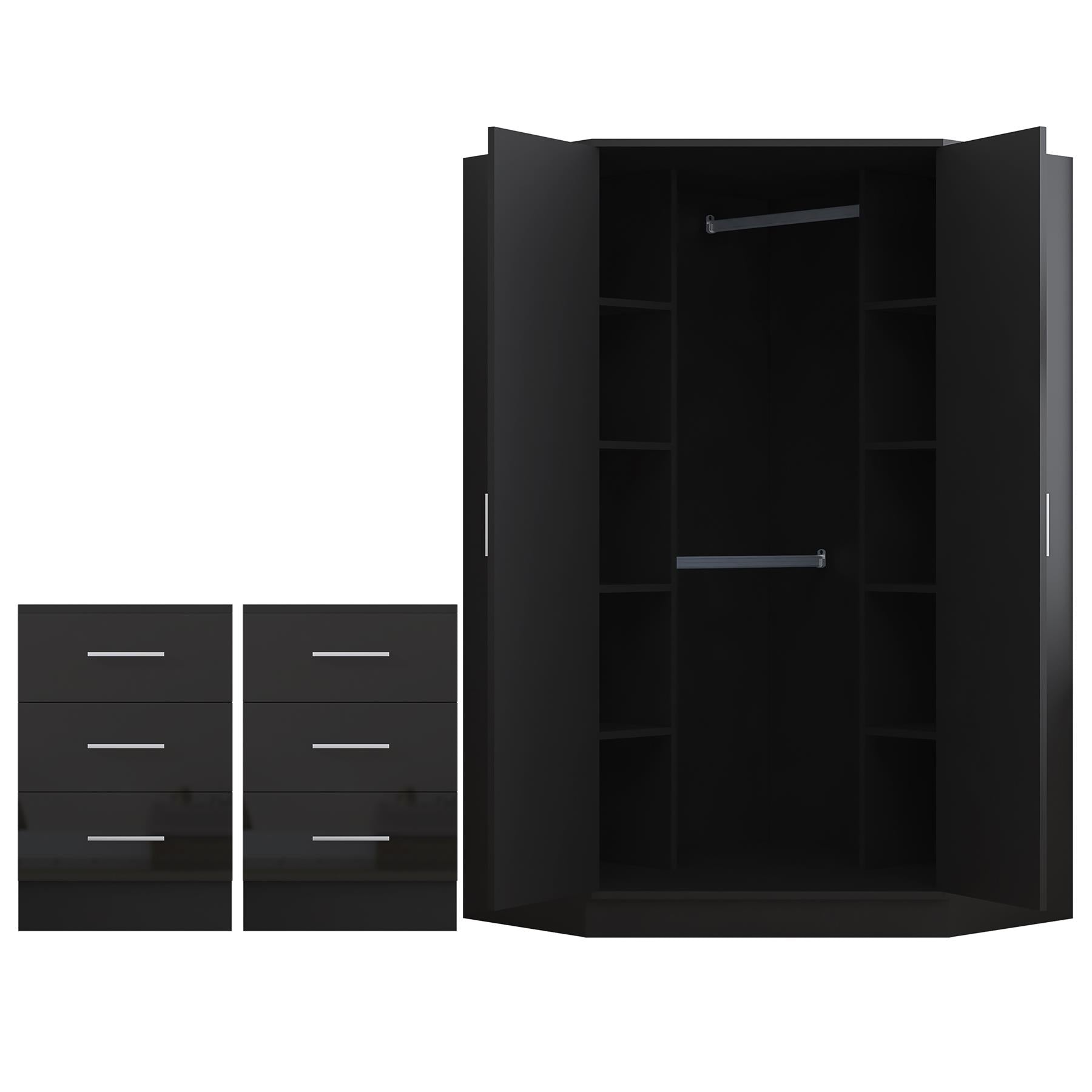 REFLECT - 2 Door CORNER + 2x 3 Drawer Bedside - Gloss Black / Matt Black