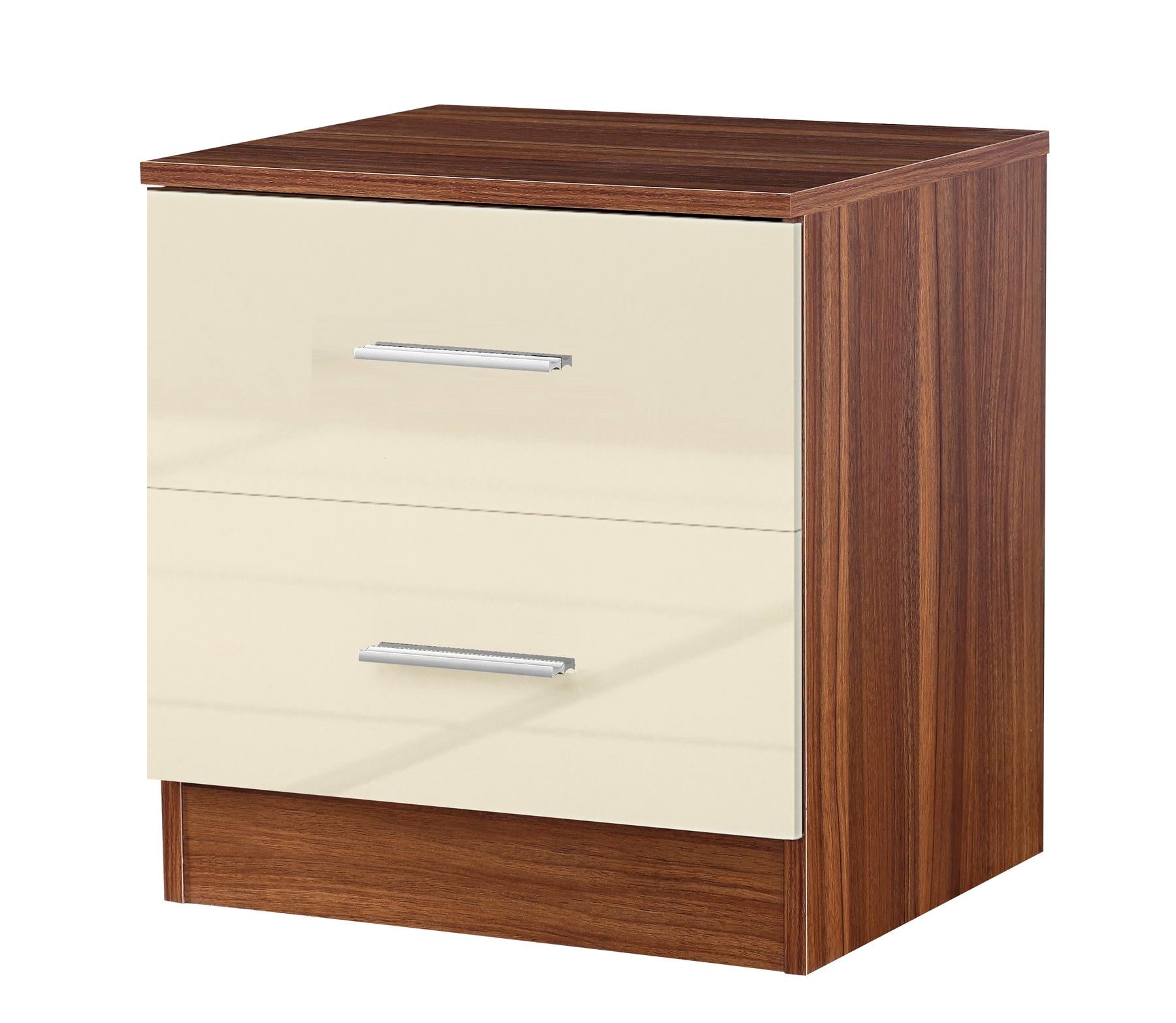 Reflect 2 Drawer Bedside - Cream Gloss & Walnut - Modern Nightstand for Bedroom Storage - H: 48.5cm x W: 45cm x D: 39.5cm