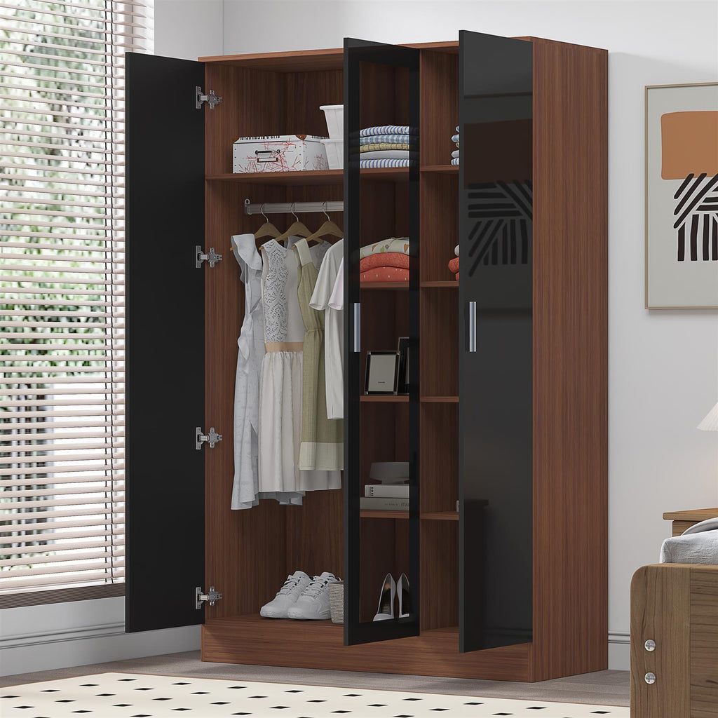 Reflect 3 Door Mirror Wardrobe - Black Gloss & Walnut - Hanging Rail & 4 Shelves- H: 180cm x W: 113cm x D: 47cm - Modern Design
