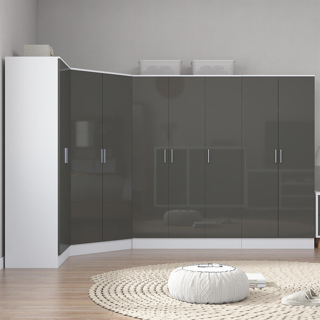 Reflect 4pc Wardrobe Bundle - 2 Door Corner + 3 Door Plain + 2x 2 Door Plain - Grey Gloss & Matt White