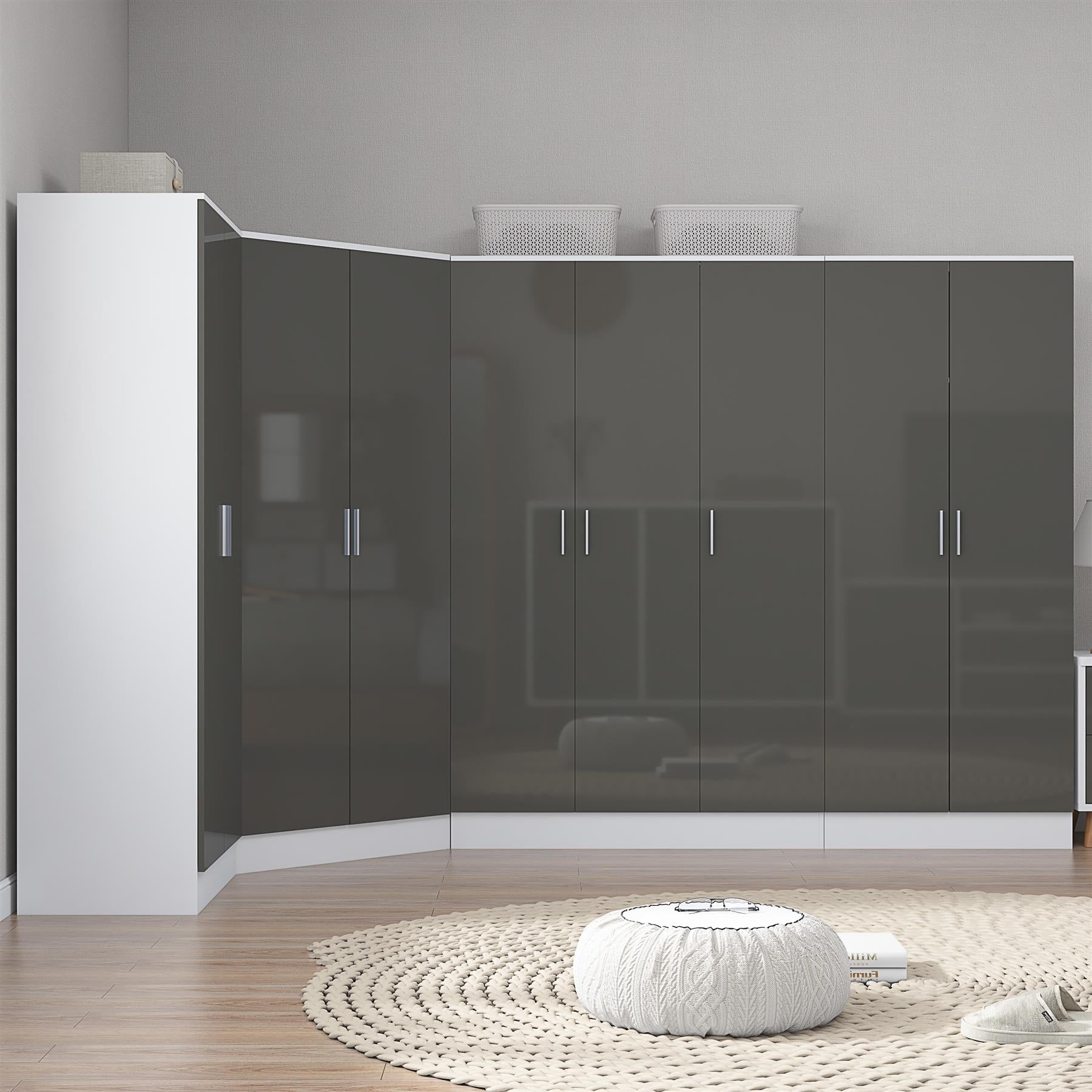 Reflect 4pc Wardrobe Bundle - 2 Door Corner + 3 Door Plain + 2x 2 Door Plain - Grey Gloss & Matt White