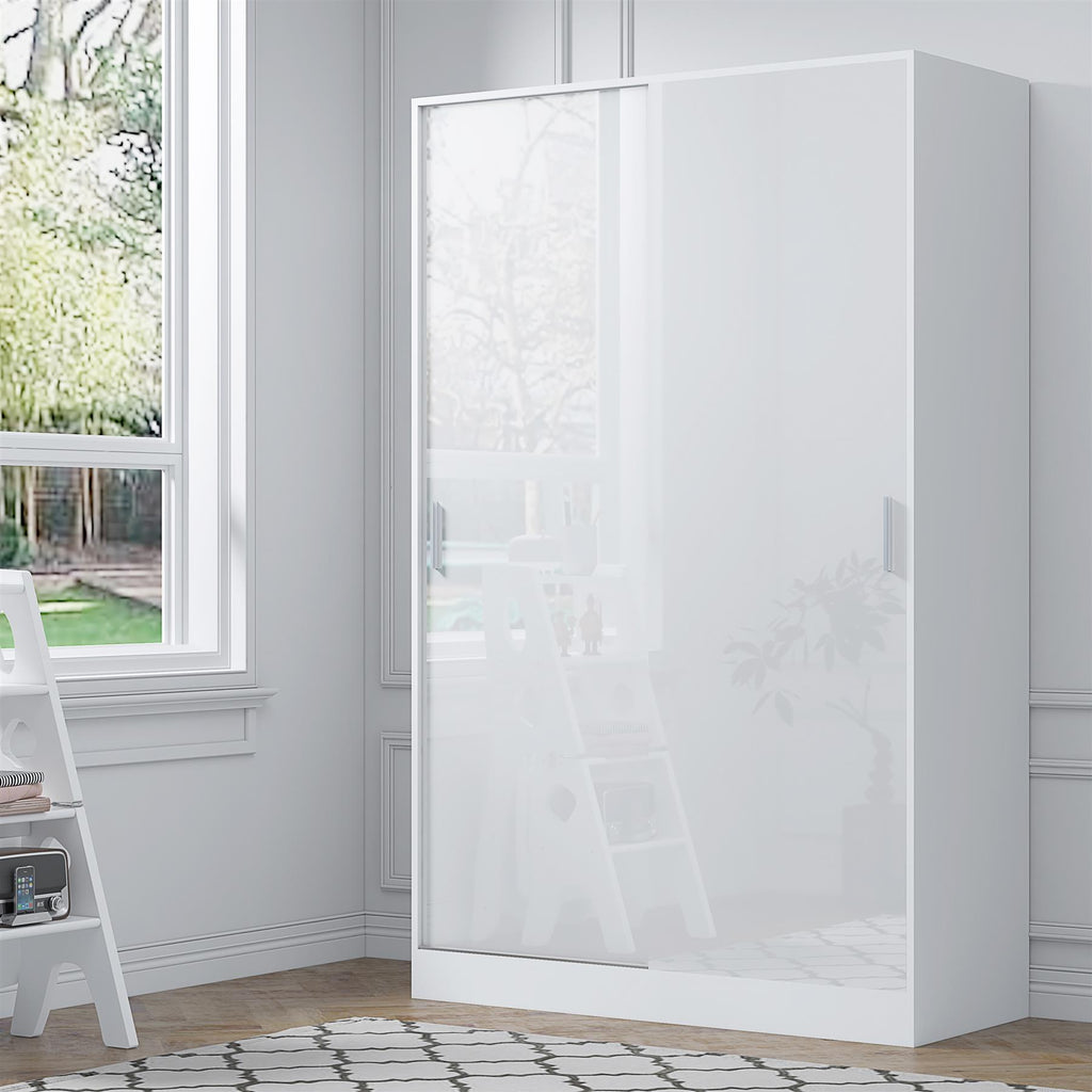 Reflect 2 Door Sliding Wardrobe - White Gloss & Matt White - Hanging Rails & Shelves - H:180cm x W:120cm x D: 58cm - Modern Design