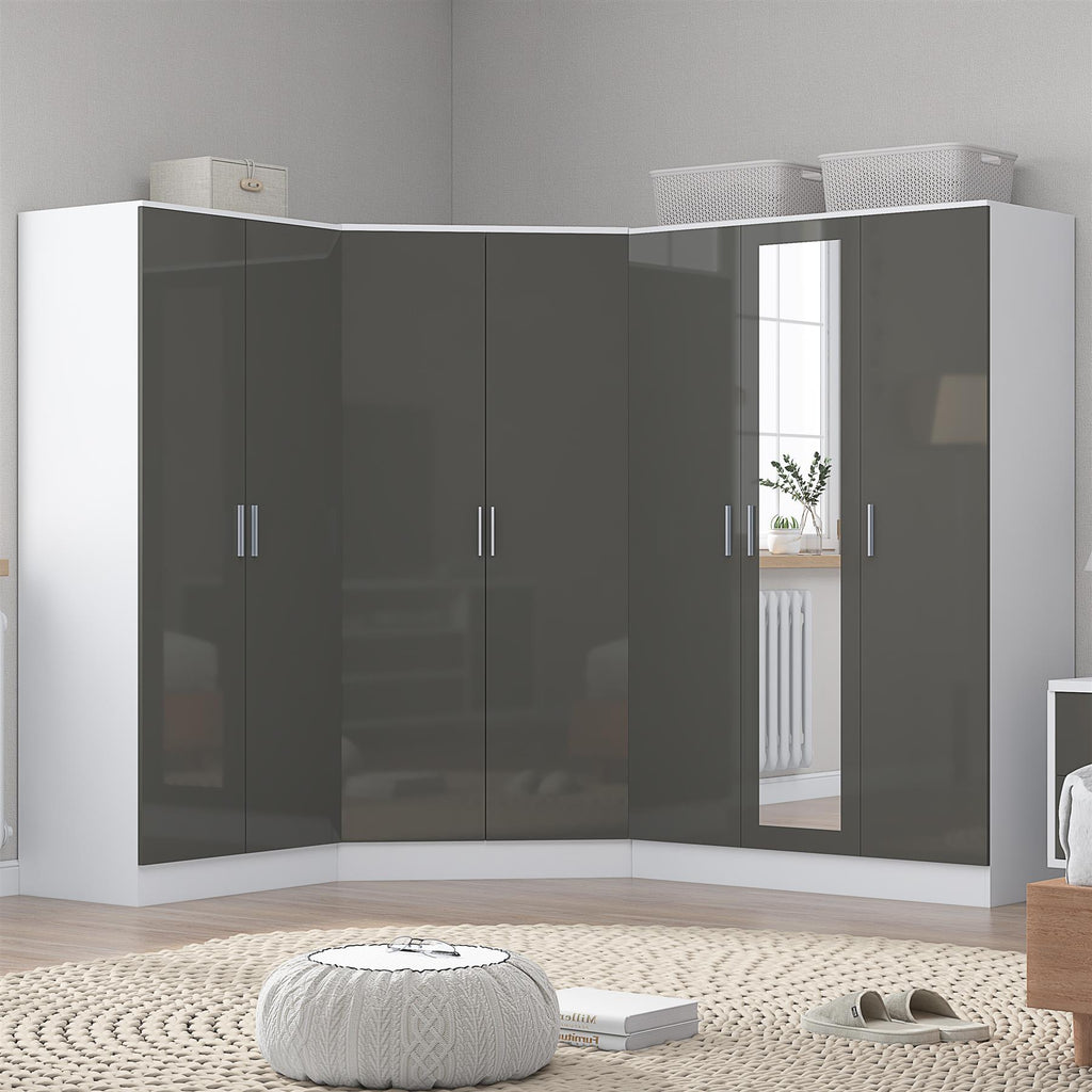 Reflect 3pc Wardrobe Bundle - 2 Door Corner + 3 Door Mirror + 2 Door Plain - Grey Gloss & Matt White