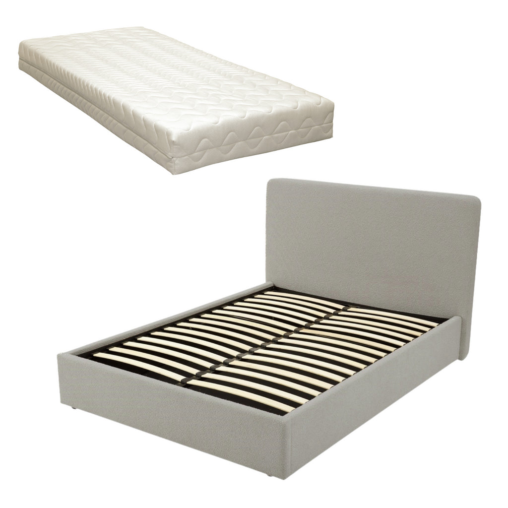 TEDDY BOUCLE 4FT6 Double Grey Ottoman Storage Bed Gas Lift Up - (L) 210cm x (W) 155cm (H) 113cm with Memory Foam & Spring Mattress