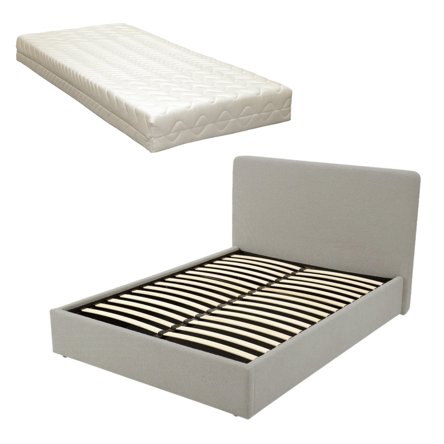 TEDDY BOUCLE 4FT6 Double Grey Ottoman Storage Bed Gas Lift Up - (L) 210cm x (W) 155cm (H) 113cm with Memory Foam & Spring Mattress