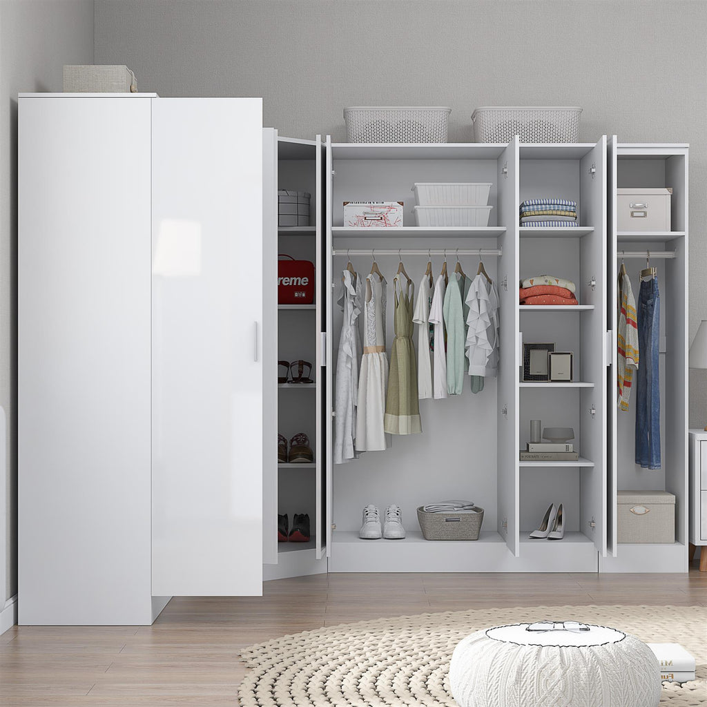 Reflect 4pc Wardrobe Bundle - 2 Door Corner + 3 Door Mirror + 2dr + 1dr Plain - White Gloss & Matt White