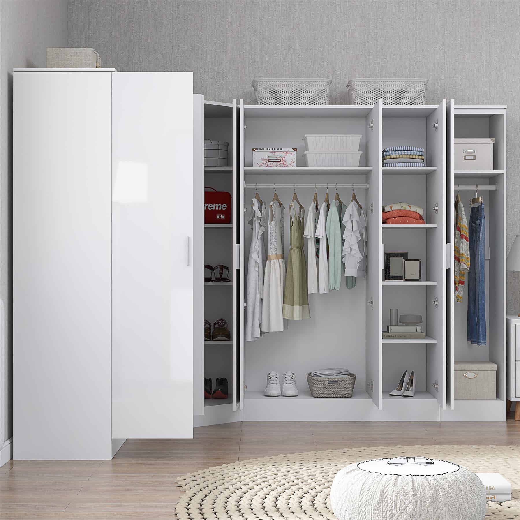 Reflect 4pc Wardrobe Bundle - 2 Door Corner + 3 Door Mirror + 2dr + 1dr Plain - White Gloss & Matt White