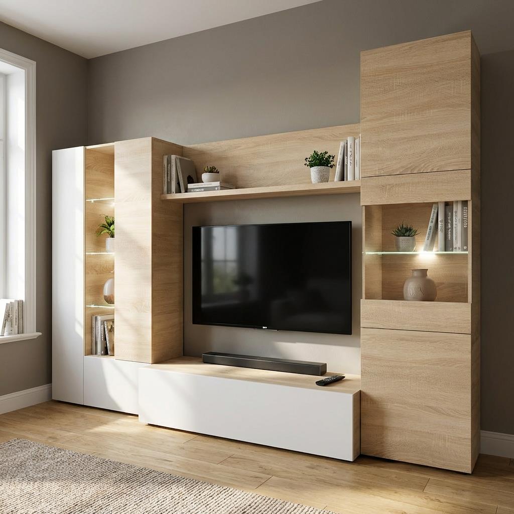 Modern Oak & White TV Unit with Glass Details and LED Lights- Media Storage for Living Rooms