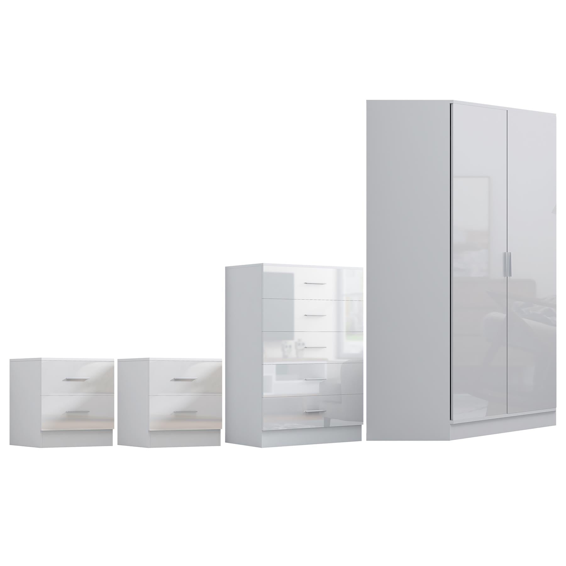 Reflect 2 Door Corner Wardrobe, 5 Drawer Chest, 2x 2 Drawer Bedsides - White Gloss & Matt White - Bedroom Furniture Set