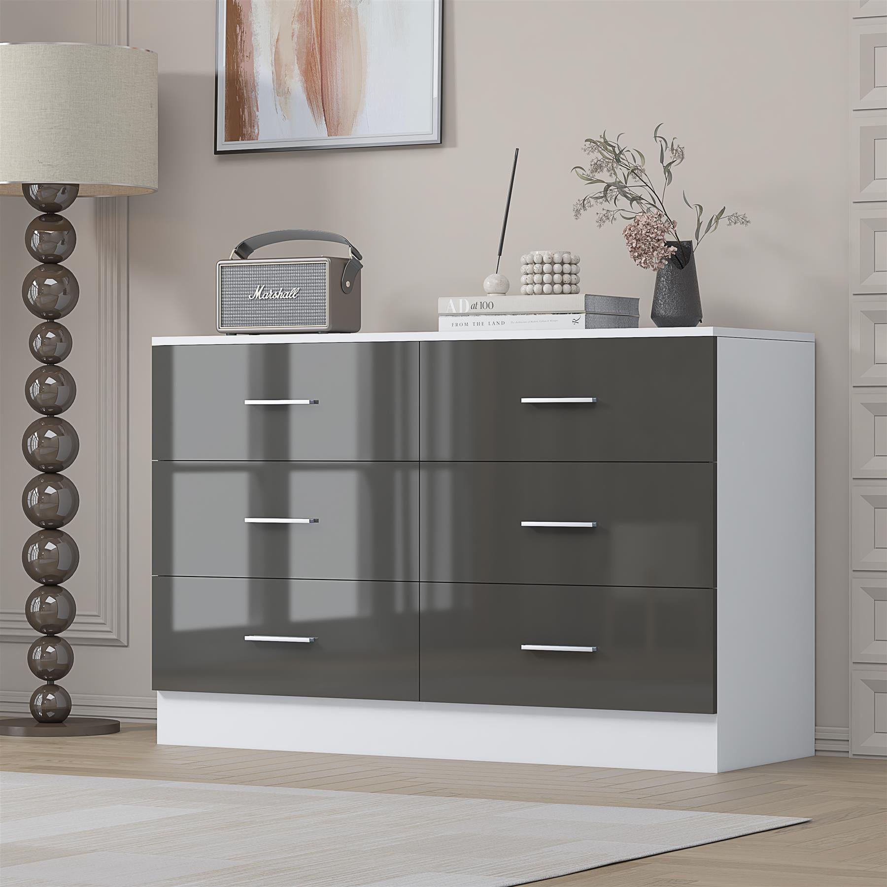 REFLECT Gloss Bedroom Furniture Wide 6 Drawer Chest of Drawers - 4 Colour Option