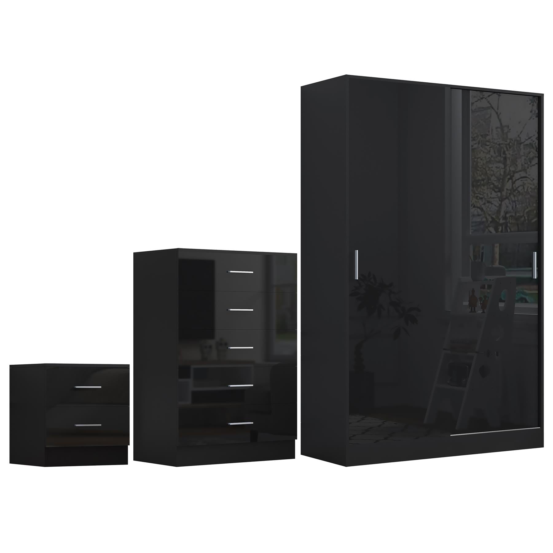 Reflect 2 Door Sliding Wardrobe, 5 Drawer Chest, 2 Drawer Bedside - Black Gloss & Black Oak - Modern Bedroom Furniture Set