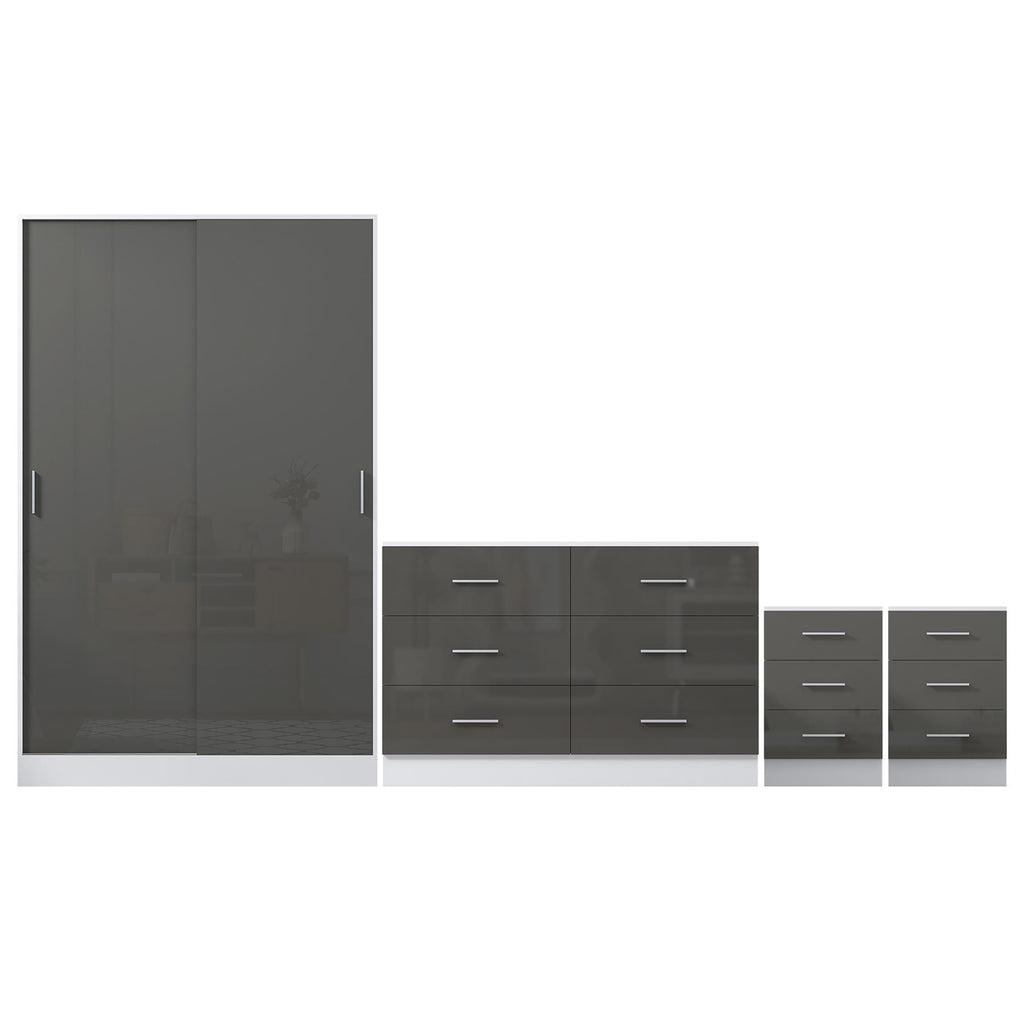 Reflect 2 Door Sliding Wardrobe, 6 Drawer Wide Chest, 2x3 Drawer Bedsides - Grey Gloss & Matt White - Modern Bedroom Furniture Set